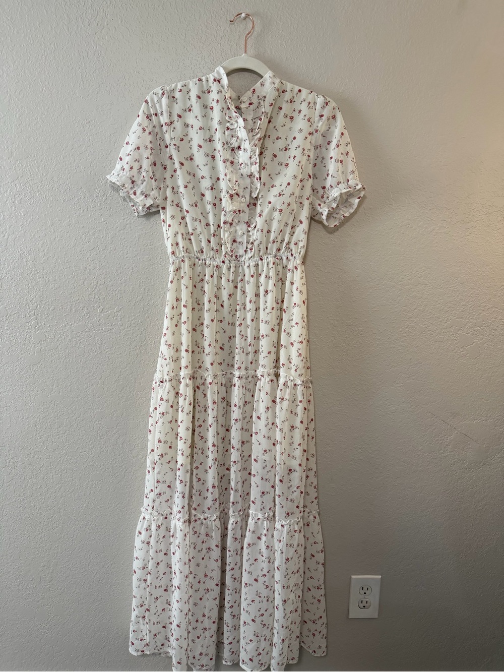 Hayden Floral Ruffle Midi Dress in White with Red Floral Print
